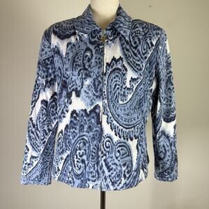 St John. Sport Paisley Denim Jacket Size Medium Blue/White Full Zip Shoulder Pad